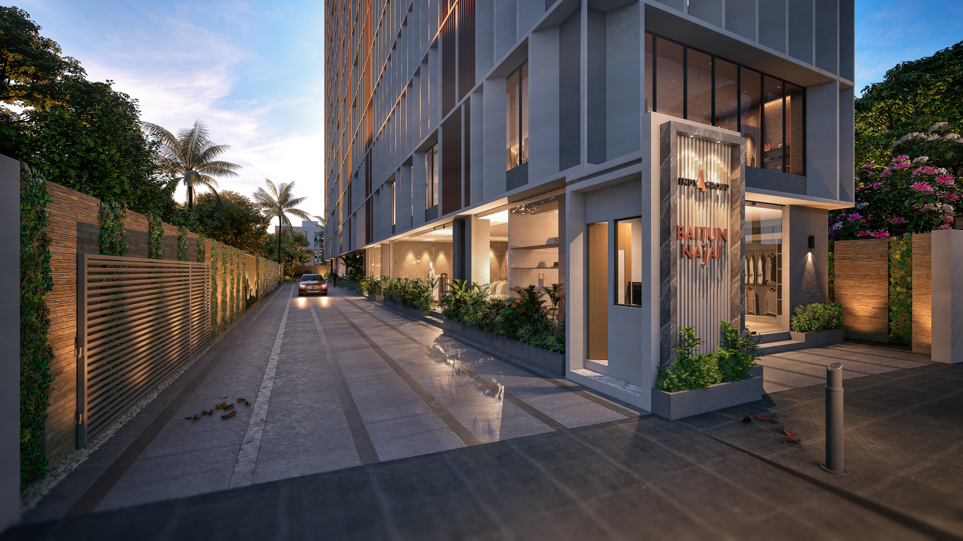 3D night view rendering of a modern driveway with realistic lighting and architectural details, created by TechInfinity Studio