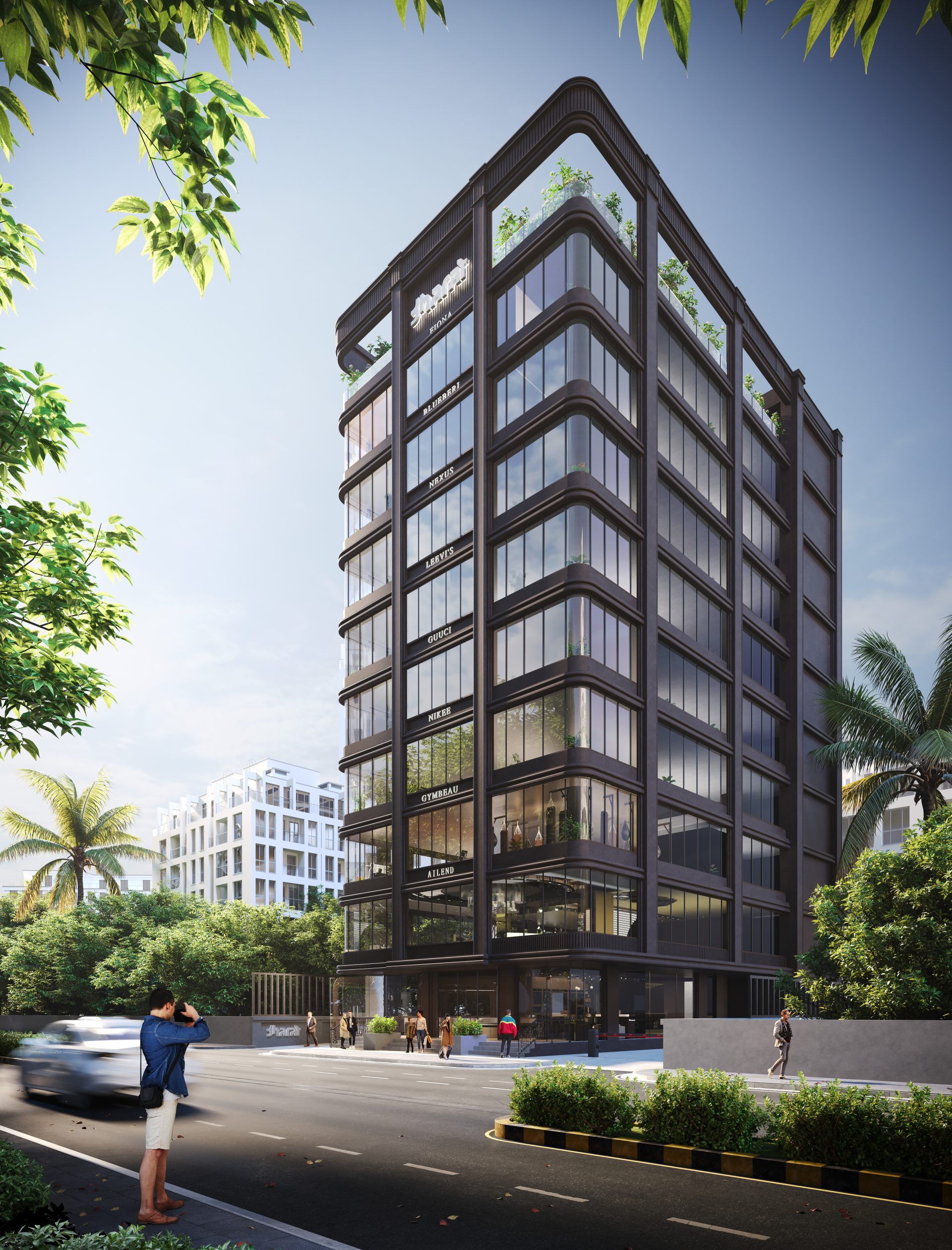 3D render of a modern building exterior with realistic lighting and architectural details by Techinfinity Studio.