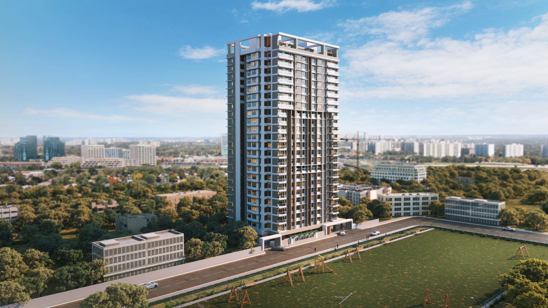 3D render of a modern building exterior with detailed lighting and realistic textures by Techinfinity Studio.