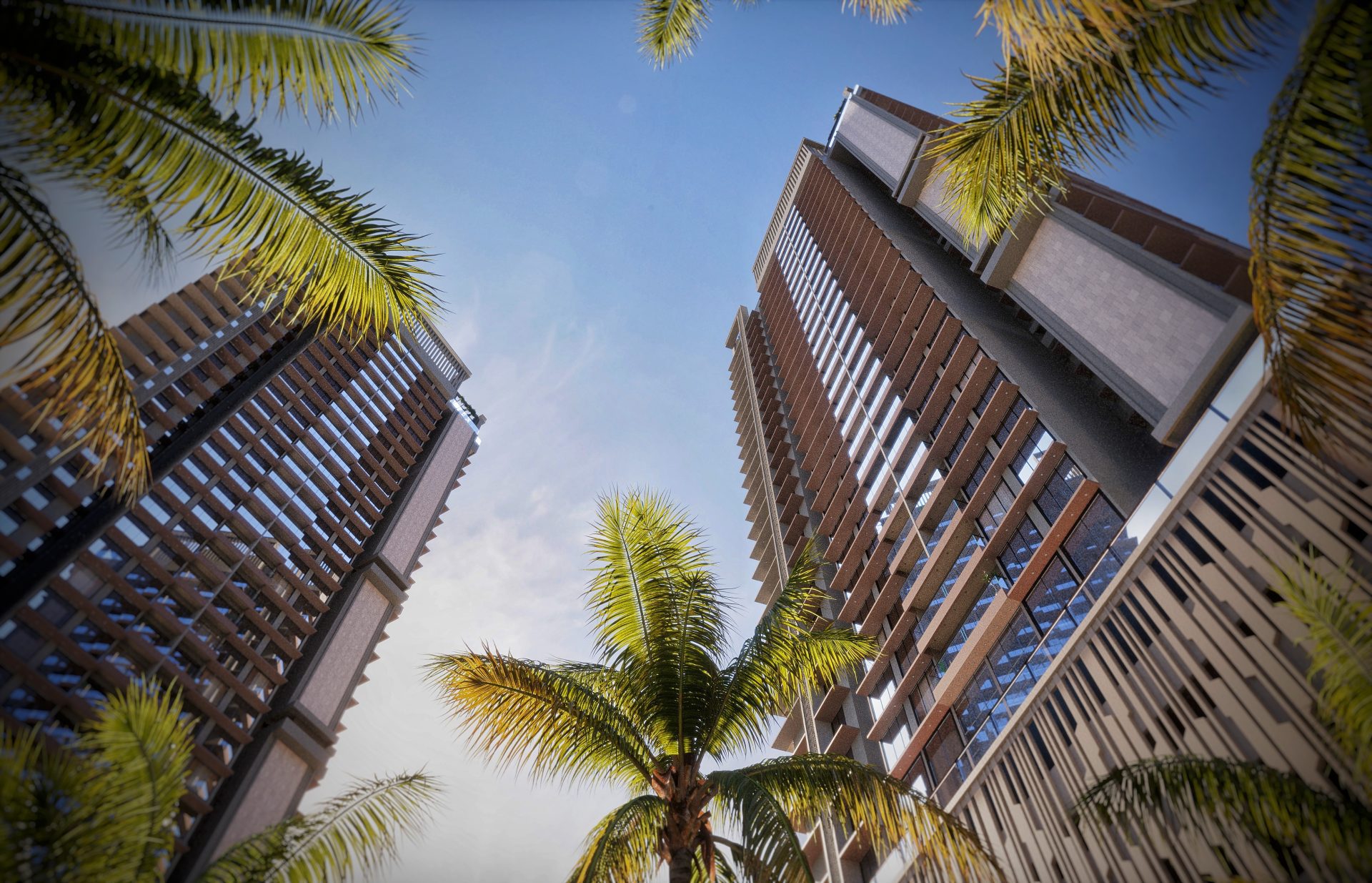 3D render of a modern architectural exterior with detailed lighting and landscaping by TechInfinity Studio.