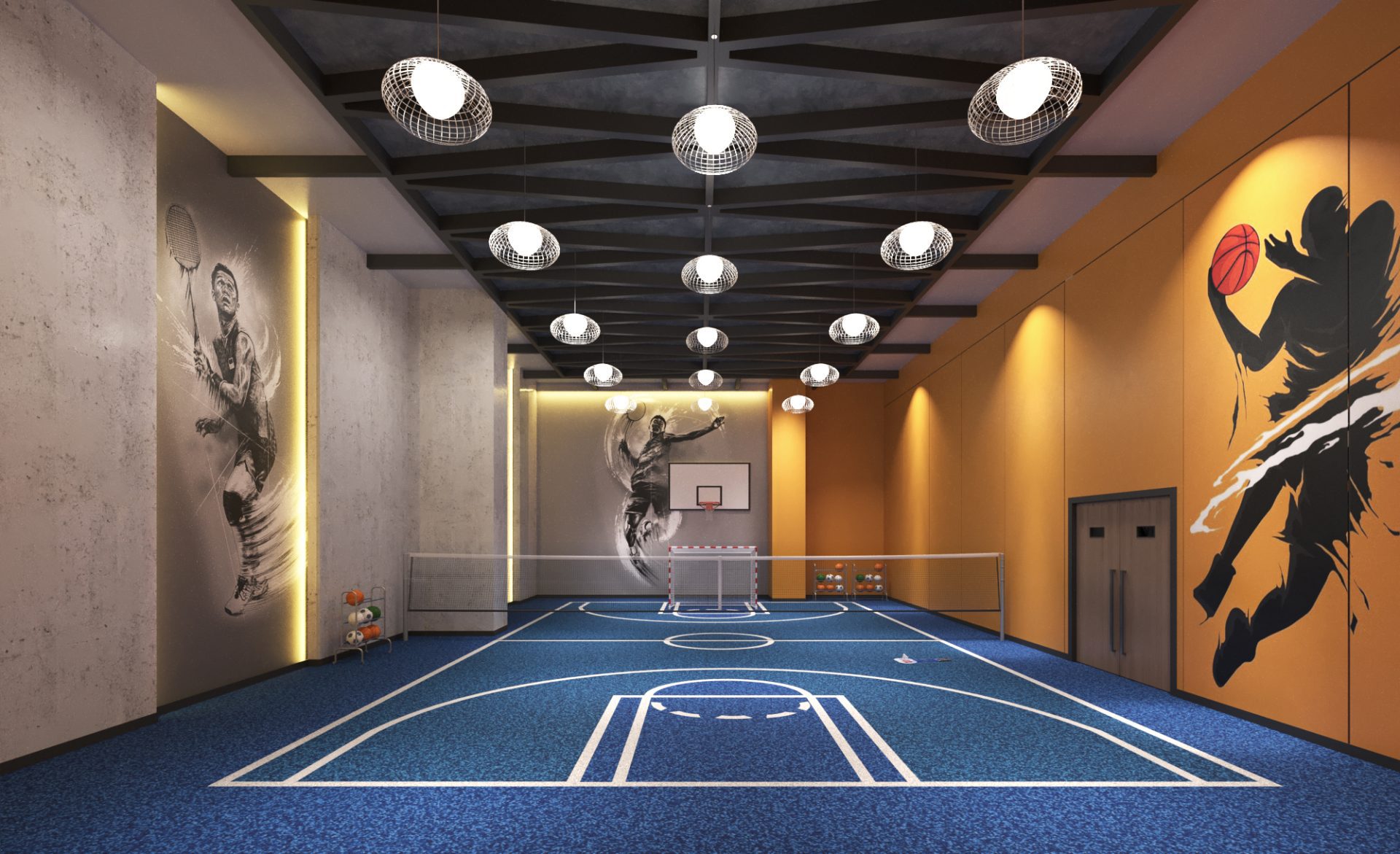 3D visualization of a modern multi-purpose sports court with realistic textures and lighting by Techinfinity Studio.