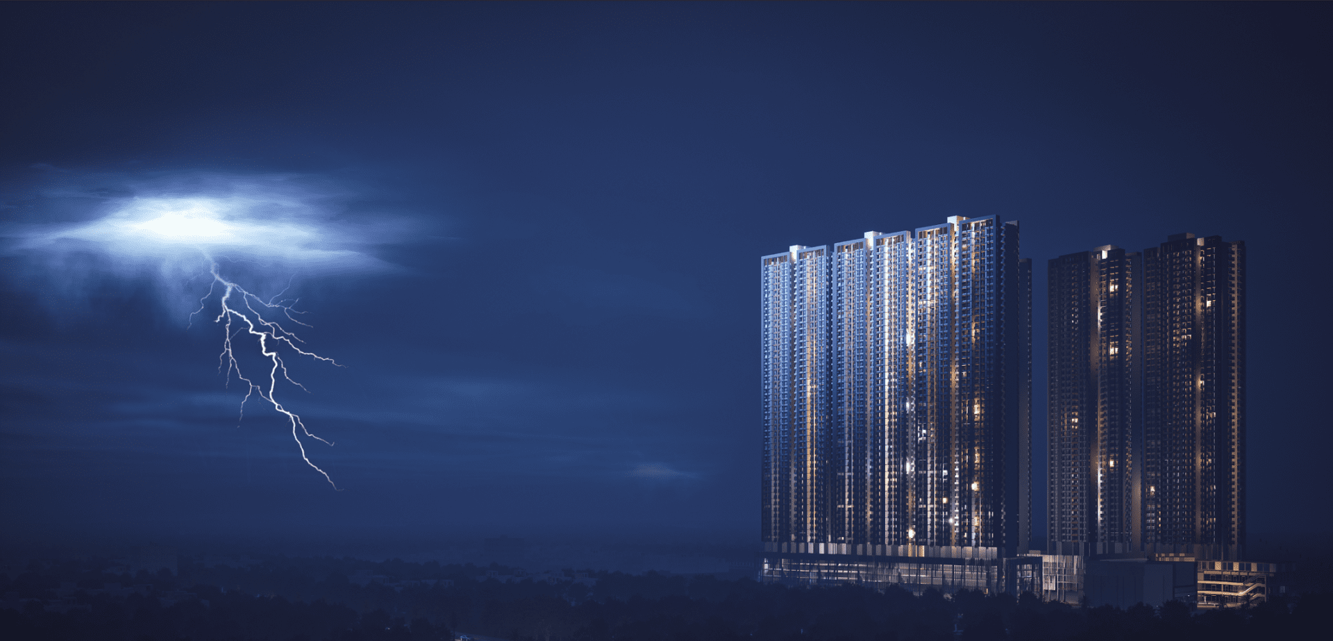3D night render of a modern building elevation with dramatic lighting by TechInfinity Studio.