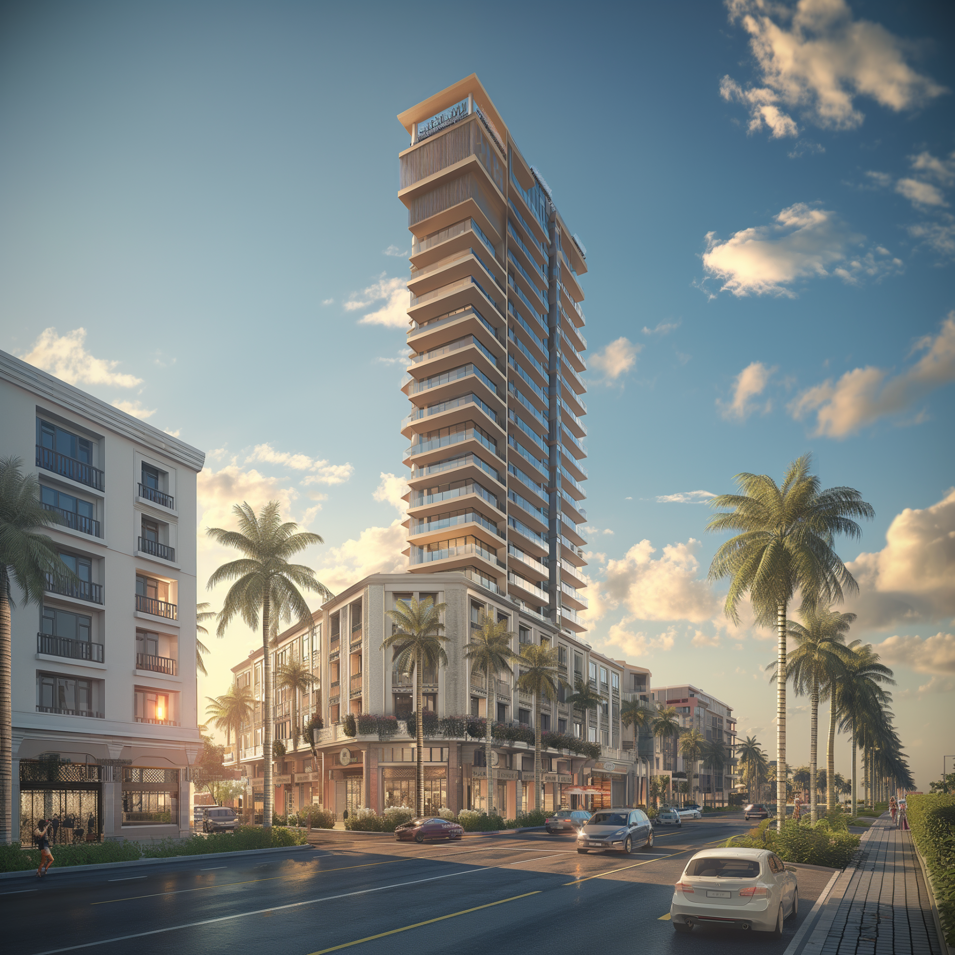 3D render of a modern building exterior with realistic textures and lighting by TechInfinity Studio.